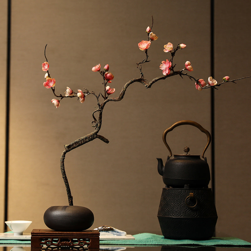 Plum Blossom Silk Arrangement in Zen Oval Vase - 21.5&