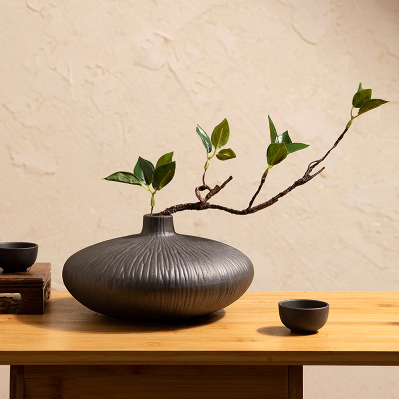 Artificial Ficus Branch in Black Glazed Ceramic Vase - 10&